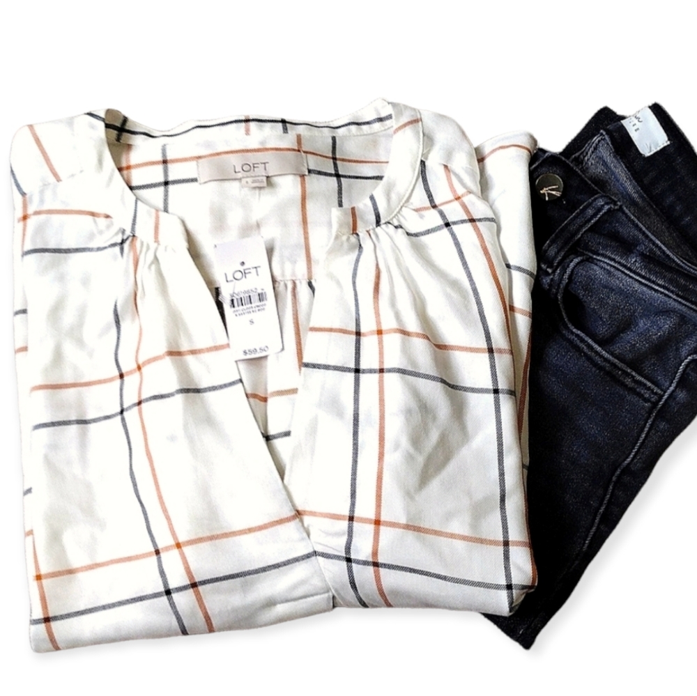Loft soft white colored blouse with black and brown plaid stripes